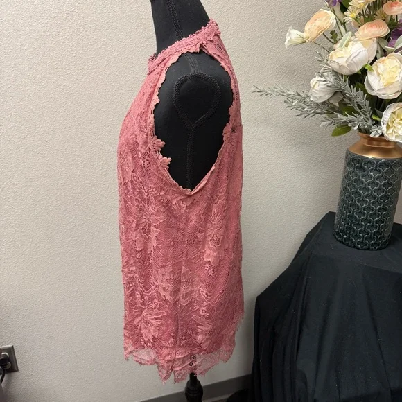 Paper + Tee Dusty Rose Lace Halter Top Keyhole Back Romantic Boho XL - Picture 2 of 8